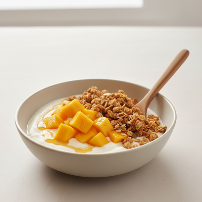 Mango con yogur, miel y granola